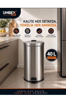 40 Lt Krom Metal Çöp Kovası Çöp Kutusu Pedallı Amortısorlu Paslanmaz Kapak