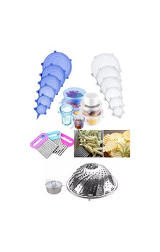 3lü Set Buharda Pişirme Aparatı Haşlama Sepeti + Cips Patates Doğrayıcı + 6'li Streç Silikon Kapak 3lü Set Buharda Pişirme Aparatı Haşlama Sepeti + Cips Patates Doğrayıcı + 6'li Streç Silikon Kapak