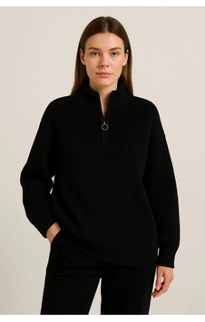Gizers Giyim Kadın Yarım Fermuarlı Triko Kazak Selanik Örgü, Dik Yaka, Pamuklu Dokuma, Oversize Uzun Kollu Kışlık Model - Siyah Gizers Giyim Kadın Yarım Fermuarlı Triko Kazak Selanik Örgü, Dik Yaka, Pamuklu Dokuma, Oversize Uzun Kollu Kışlık Model - Siyah