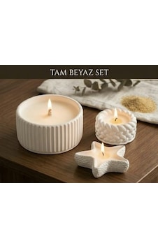 Dekoratif Taş 3'lü Set Amber Sandal Ve Gül Kokulu Mumluk Ve Mum 001 - Beyaz Dekoratif Taş 3'lü Set Amber Sandal Ve Gül Kokulu Mumluk Ve Mum 001 - Beyaz