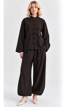 Mevese Kadın Çin Düğme Detaylı Oversize Tunik Bluz Ve Lastik Paça Takım - Acı Kahve Kahverengi