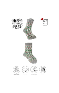 Saysez Bambu Renkli Desenli Yılbaşı Çorabı Unisex Hediyelik Çorap Gri