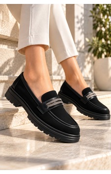 Modafocus Metal Şerit Detaylı Süet Ortopedik Loafer - Siyah Siyah