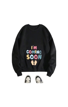 Caxis Kadın I'm Coming Soon Baskılı Hamile Oversize Bisiklet Yaka Sweatshirt Siyah Caxis Kadın I'm Coming Soon Baskılı Hamile Oversize Bisiklet Yaka Sweatshirt Siyah