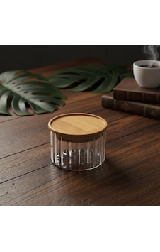 Linie Slim Bambu Kapaklı Borosilikat Cam Saklama Kabı - Çizgili Vakumlu Baharatlık, Çay Ve Kahve Kavanozu - 200ml Ve 300ml Seçenekleri 200ml 7009