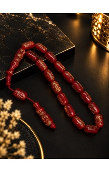 Efe Boy Altın Renkli Simli Kırmızı Ateş Kehribar Tesbih 10x16 Mm Efe Boy Altın Renkli Simli Kırmızı Ateş Kehribar Tesbih 10x16 Mm