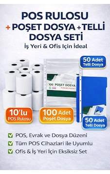 Ofis Seti Pos Rulosu 56x16 10 Lu + Poşet Dosya A4 100 Lü + Telli Dosya A4 50 Li 3 Adet Ofis Seti Pos Rulosu 56x16 10 Lu + Poşet Dosya A4 100 Lü + Telli Dosya A4 50 Li 3 Adet