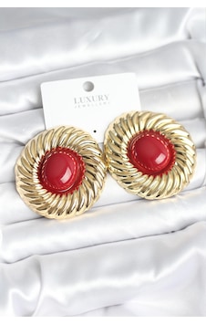 Pirinç Gold Renk Bordo Boncuklu Vintage Kadın Küpe Çok Renkli