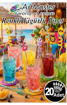 Figürlü Pipet 20 Adet Sevimli Renkli Kıvrımlı Pipet 26 Cm Ev Dekoratif Kokteyl Yıkanabilir Emoji Çocuklar İçin