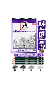 A5 Boy Spiralli 50 Yaprak Eskiz Defteri Çizim Seti Dereceli Resim Kalemli Set 1 Adet 14,8x21 Cm