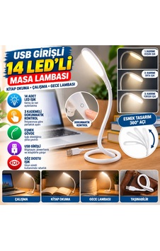 Dilaratrendhouse Usb Girişli 14 Ledli 3 Kademeli Dokunmatik Masa/kitap Okuma Lambası Ledi Beyaz Dlra