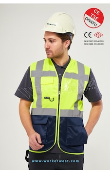 Worker West Yönetici Ikaz Yeleği - Mühendis Yeleği Sarı-lacivert