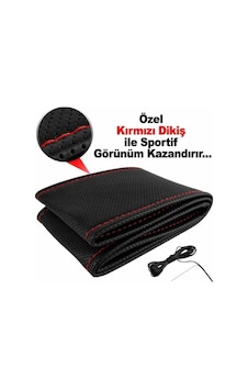 Deri Direksiyon Kılıfı Sarmalı Dikmeli Kırmızı Dikişli Kokusuz