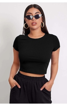 I-moda Kadın Siyah Yuvarlak Yaka Yarım Kol Crop Top Bluz I-moda Kadın Siyah Yuvarlak Yaka Yarım Kol Crop Top Bluz