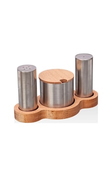 Ahşaplı Metal Üçlü Tuzluk Baharatlık Metalik