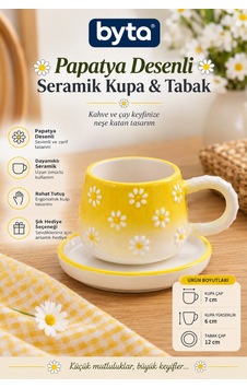 Sarı Papatya Desenli Seramik Tabaklı Kupa Bardak Kabartmalı El Yapımı Görünümlü Kahve Ve Çay Fincanı Seti Beyaz Sarı Papatya Desenli Seramik Tabaklı Kupa Bardak Kabartmalı El Yapımı Görünümlü Kahve Ve Çay Fincanı Seti Beyaz