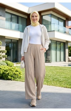 Hb Harma Time Butik Kadın Beli Lastikli Çilek Kumaş Bej Salaş Pantolon Vizon Vizon