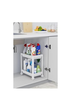 İki Katlı Tekerlekli Düzenleyici Raf, Mutfak Ve Banyo İçin Modern Organizer - Beyaz
