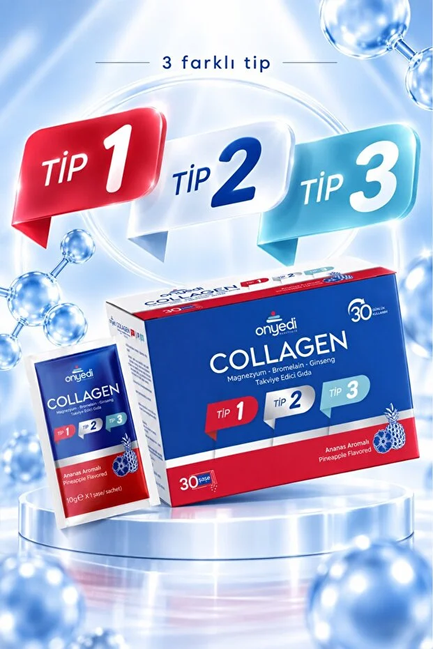 Onyedi Wellness Collagen Tip 1, Tip 2 Ve Tip 3 Kolajen Magnezyum Bromelain Ve Ginseng İçeren Ananas Aromalı Onyedi Wellness Collagen Tip 1, Tip 2 Ve Tip 3 Kolajen Magnezyum Bromelain Ve Ginseng İçeren Ananas Aromalı