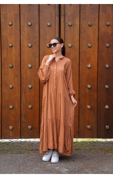 Polologin Butik Yüksek Yaka Büzgülü Maxi Elbise - Kiremit Rengi Metalik Polologin Butik Yüksek Yaka Büzgülü Maxi Elbise - Kiremit Rengi Metalik