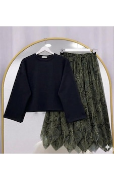 Lovie Moda Basic Bluz Asimetrik Kesim Astarlı Şifon Etekli Takım Siyah-haki Lovie Moda Basic Bluz Asimetrik Kesim Astarlı Şifon Etekli Takım Siyah-haki