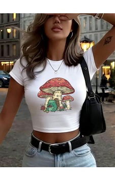 Noıssey Kurbağa Mantar Altında Baskılı Kadın Babby Tee Yazlık Yuvarlak Yaka Dar Kesim Tişört Yüksek Es Beyaz Noıssey Kurbağa Mantar Altında Baskılı Kadın Babby Tee Yazlık Yuvarlak Yaka Dar Kesim Tişört Yüksek Es Beyaz
