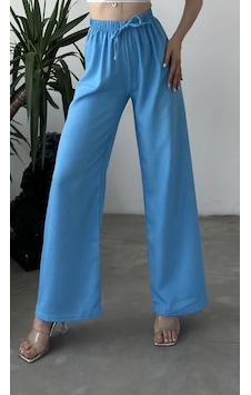 Blue Trend Kadın Düz Renk Keten Bel Lastikli Bol Paça Pantolon Mavi Blue Trend Kadın Düz Renk Keten Bel Lastikli Bol Paça Pantolon Mavi