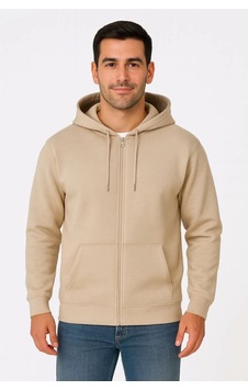 Lumiart Erkek Üç İplik Kapüşonlu Tam Fermuarlı Kanguru Çepli Sweatshirt H Bej
