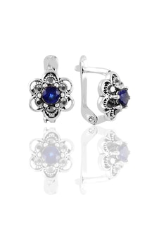 Gümüş Markazit ve Safir Taşlı Çiçek Modeli Küpe Gümüş Markazit ve Safir Taşlı Çiçek Modeli Küpe