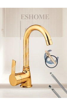 Gold Delta Lüx Tasarım Altın Renk Kaplamalı Banyo Lavabo Bataryası Musluğu Altın