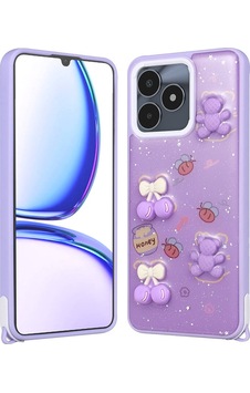 Realme C53 Kılıf Parlayan Simli Kabartma Figürlü Zore Cevze Kapak Mor Ayı