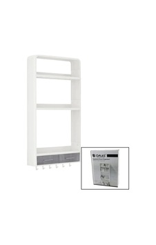 Beyaz Yapışkanlı Duvar Organizeri Plastik 3 Raf 14cm-19cm-30cm - 2 Çekmece 40cm - 6 Askı 19 Parça