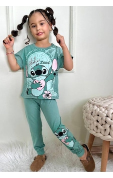 Kız Çocuk Stitchh Desenli Kısa Kollu Tshırt Eşofman 2'li Takım-989 Yeşil