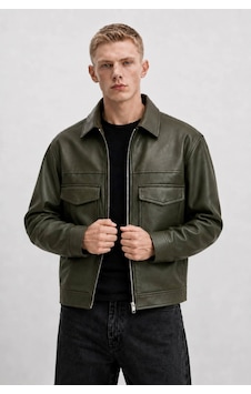 Ohepmoda Oversize Rahat Kalıp Cep Detaylı Erkek Deri Ceket Haki Ohepmoda Oversize Rahat Kalıp Cep Detaylı Erkek Deri Ceket Haki