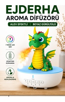 Hava Nemlendirici Buhar Makinesi Ejderha Aroma Difüzörü Beyaz Gürültülü Alev Efektli 7 Renk Led Uzaktan Kumandalı