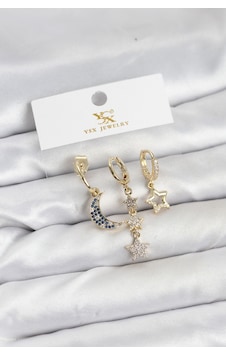 Pirinç Gold Renk Zirkon Taşlı Ay Ve Yıldız Model Ysx Trio Küpe Seti Pirinç Gold Renk Zirkon Taşlı Ay Ve Yıldız Model Ysx Trio Küpe Seti