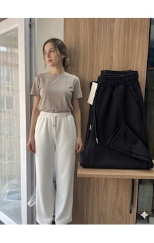 Kadın Geniş Paça Eşofman Altı Yüksek Bel Salaş Rahat Günlük & Spor Pantolon Beyaz