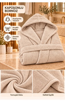 Kapüşonlu Unisex Rashell Bornoz Cepli Yumuşak Dokulu Bej Kapüşonlu Unisex Rashell Bornoz Cepli Yumuşak Dokulu Bej
