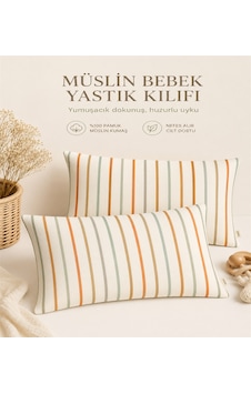 More Home Müslin Bebek Yastık Kılıfı 2 Adet 35x45 Çizgi Desenli Çok Renkli