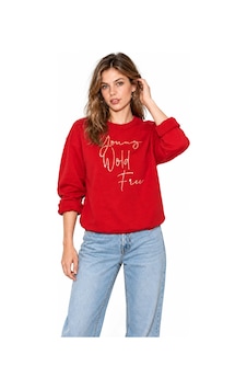 Mevese Kadın Parlak Taş Baskılı Salaş Kesim Üç İplik Sweatshirt - Kırmızı Mevese Kadın Parlak Taş Baskılı Salaş Kesim Üç İplik Sweatshirt - Kırmızı