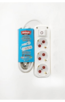 Amiral 3' Lü Topraklı Anahtarlı 2 Metre Kablolu Grup Priz Standart Amiral 3' Lü Topraklı Anahtarlı 2 Metre Kablolu Grup Priz Standart