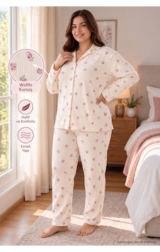 Seboteks Waffle Kumaş Önden Düğmeli Uzun Kollu Büyük Beden Kadın Pijama Takımı 3596 Ekru Seboteks Waffle Kumaş Önden Düğmeli Uzun Kollu Büyük Beden Kadın Pijama Takımı 3596 Ekru