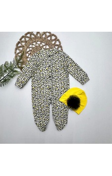 Diji Baby 0-3-6-9 Ay Leopar Baskılı Tam Boy Çıtçıtlı Patikli Güllü Boneli Kız Bebek Tulumu sarı Sarı
