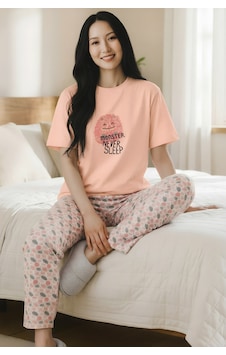 Yeni İnci Kadın Pamuk Kısa Kol Pijama Takım Somon