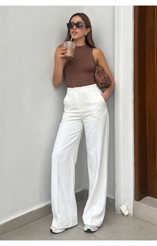 Madmext Beyaz Premium Yüksel Bel Pileli Pantolon Mg2717