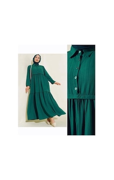 Lovie Moda Kadın Gömlek Yaka Elbise Yeşil
