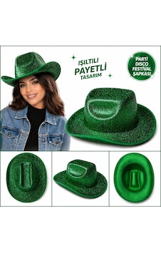 Parlak - 141 - Yeşil Kovboy Şapka Kadın Erkek Parti Disco - Csmo-tex - Festival Şapkası Parlak - 141 - Yeşil Kovboy Şapka Kadın Erkek Parti Disco - Csmo-tex - Festival Şapkası