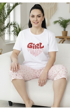 Siyah İnci Desenli Pamuklu Büyük Beden Battal Boy Örme Kapri Pijama Takım 26112849 Ekru