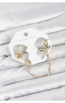 Pirinç Gold Renk Yılan Model Zincir Bağlantılı Ear Cuff Küpe Seti Pirinç Gold Renk Yılan Model Zincir Bağlantılı Ear Cuff Küpe Seti