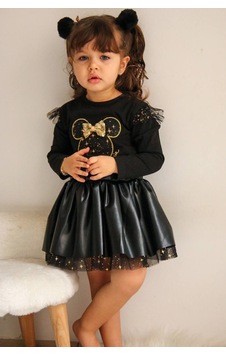 Berfonzo Kids Kız Çocuk Deri Etekli İkili Takım Siyah